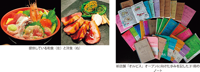 提供している和食(左)と洋食(右)、新店舗「オルビス」オープンに向けた歩みを記した31冊のノート