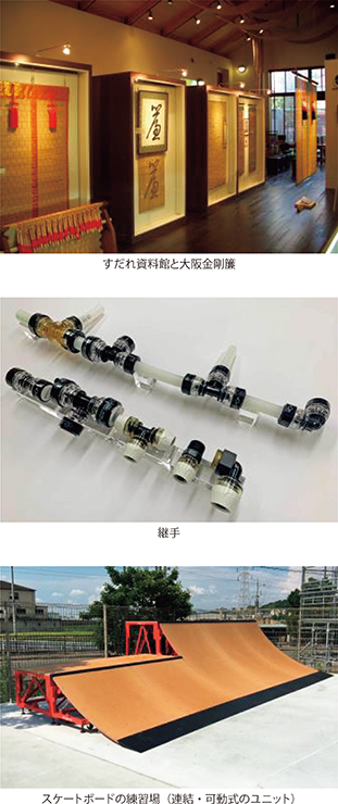 すだれ資料館と大阪金剛簾、継手、スケートボードの練習場(連結・可動式のユニット)