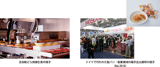全自動どら焼機生産の様子・ドイツで行われた製パン・製菓機械の展示会出展時の様子（iba 2018）