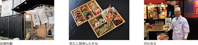 コラム2-1-3_2写真 店舗外観、新たに開発した弁当、同社店主