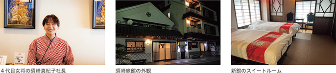 4代目女将の須﨑真紀子社長、須﨑旅館の外観、新館のスイートルーム