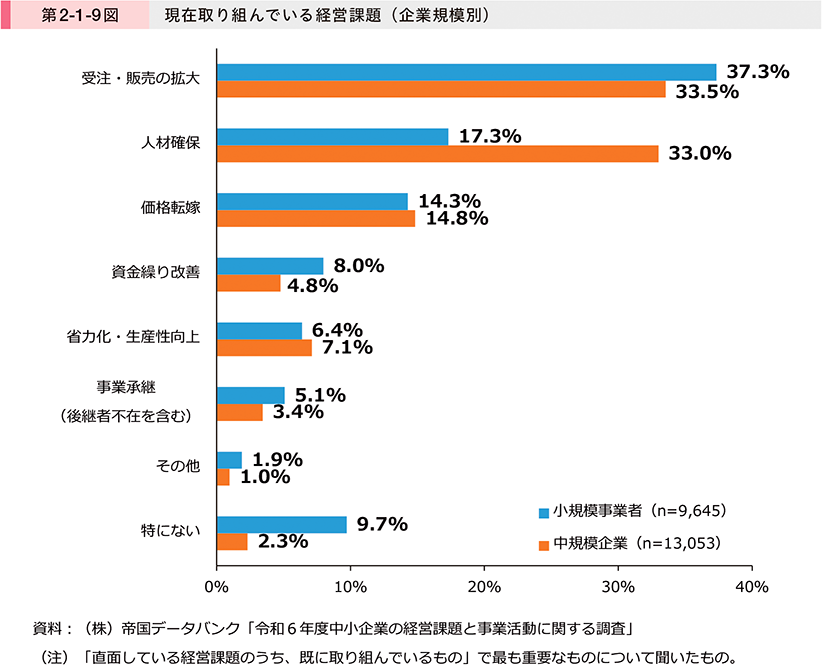 第2-1-9図　現在取り組んでいる経営課題（企業規模別）