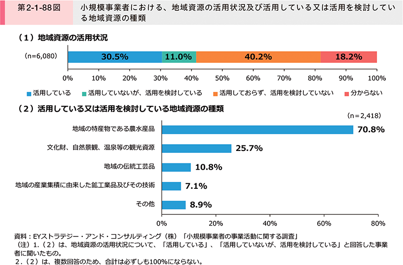 第2-1-88図　小規模事業者における、地域資源の活用状況及び活用している又は活用を検討している地域資源の種類