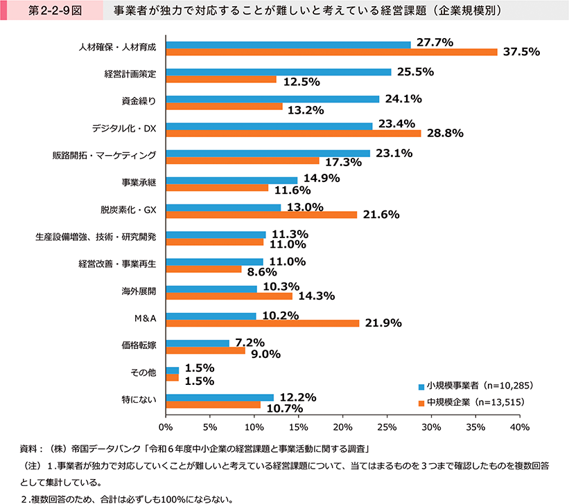 第2-2-9図　事業者が独力で対応することが難しいと考えている経営課題（企業規模別）