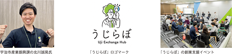 宇治市産業振興課の北川誠晃氏、「うじらぼ」ロゴマーク、「うじらぼ」の創業支援イベント