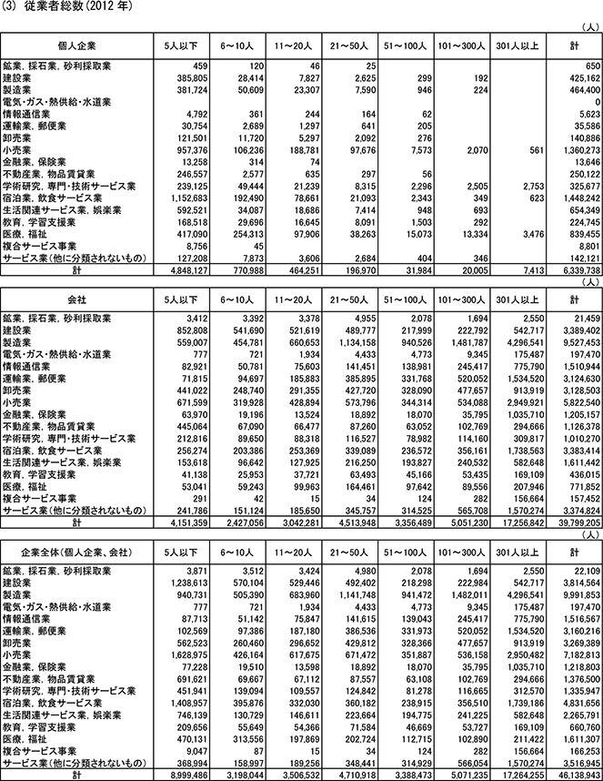 19表　常用雇用者規模別・組織形態別・業種別企業数、常用雇用者数、従業者総数、売上高、付加価値額　(3)従業者総数(2012年)