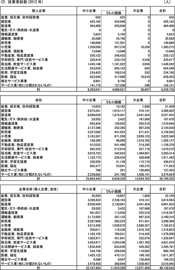 21表　企業規模別・組織形態別・業種別企業数、常用雇用者数、従業者総数、売上高、付加価値額 (3)従業者総数(2012年)