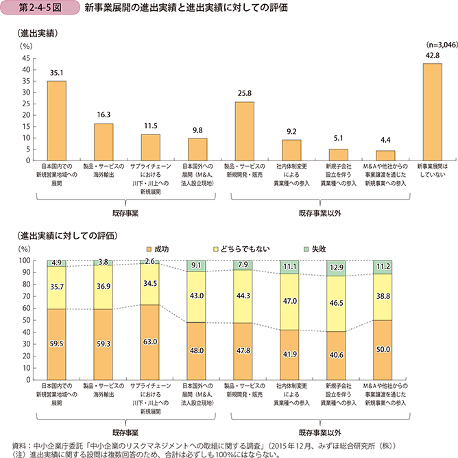 第2-4-5図　新事業展開の進出実績と進出実績に対しての評価