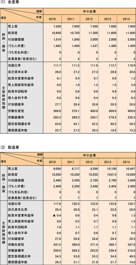 17表　小規模企業の主要財務・損益状況と財務指標（中央値）