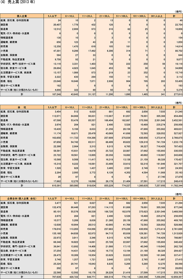 19表　常用雇用者規模別・組織形態別・業種別企業数、常用雇用者数、従業者総数、売上高、付加価値額（4）売上高（2013）年