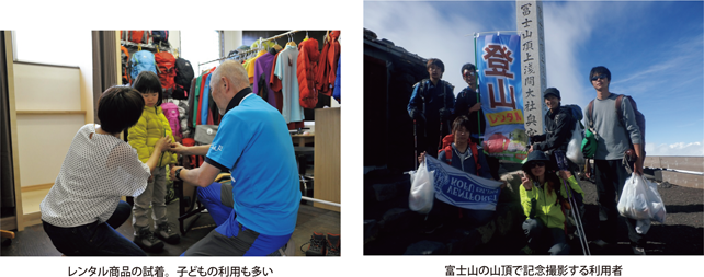 レンタル商品の試着。子どもの利用も多い・富士山の山頂で記念撮影する利用者