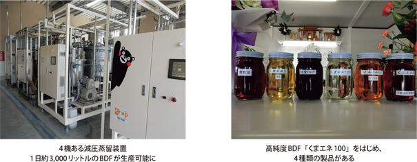 4機ある減圧蒸留装置1日約3,000リットルのBDFが生産可能に・高純度BDF「くまエネ100」をはじめ、4種類の製品がある