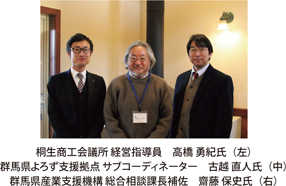 桐生商工会議所経営指導員高橋勇紀氏（左）群馬県よろず支援拠点サブコーディネーター古越直人氏（中）群馬県産業支援機構総合相談課長補佐齋藤保史氏（右）