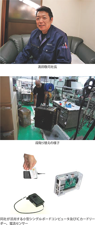 高田敬司社長・段取り替えの様子・同社が活用する小型シングルボードコンピュータ及びICカードリーダー、電流センサー