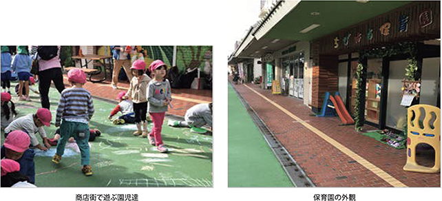 商店街で遊ぶ園児達・保育園の外観