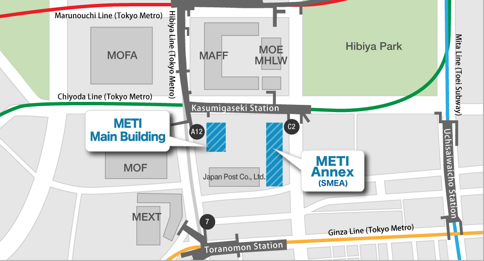 The Small and Medium Enterprise Agency is located in the Ministry of Economy, Trade and Industry annex.